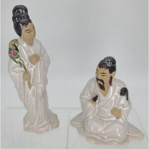 2 Vintage Shiwan Mudman & Woman Glazed Earthenware Figurines 4.75" & 3"